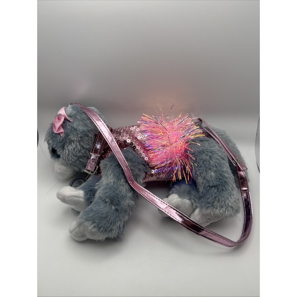 Poochie & Co Gray Plush Kitty Purse w/Strap Pink Sequined TuTu Collar & Tag Zip